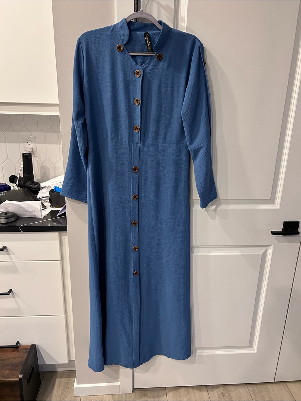 H.B.S Blue Long Sleeve Button Front Maxi Dress Collared Shirt Style Casual Day